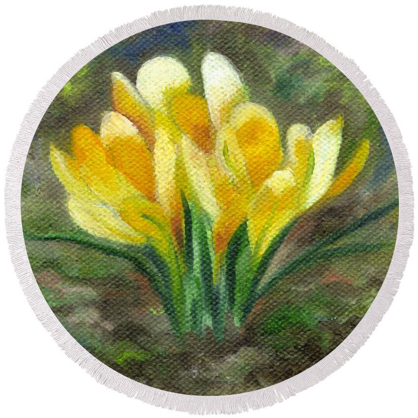 Crocus Round Beach Towel featuring the painting Yellow Crocus by FT McKinstry