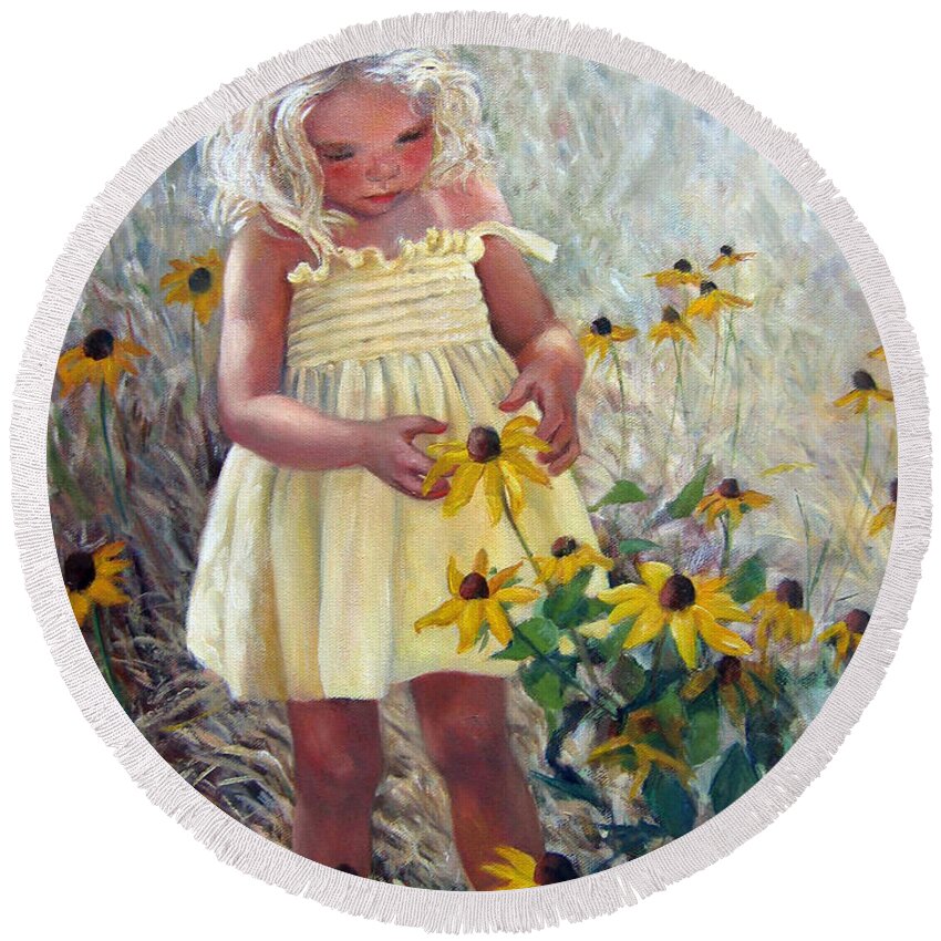 Yellow Sundress Round Beach Towel featuring the painting Yellow Dress and Coneflowers by Marie Witte