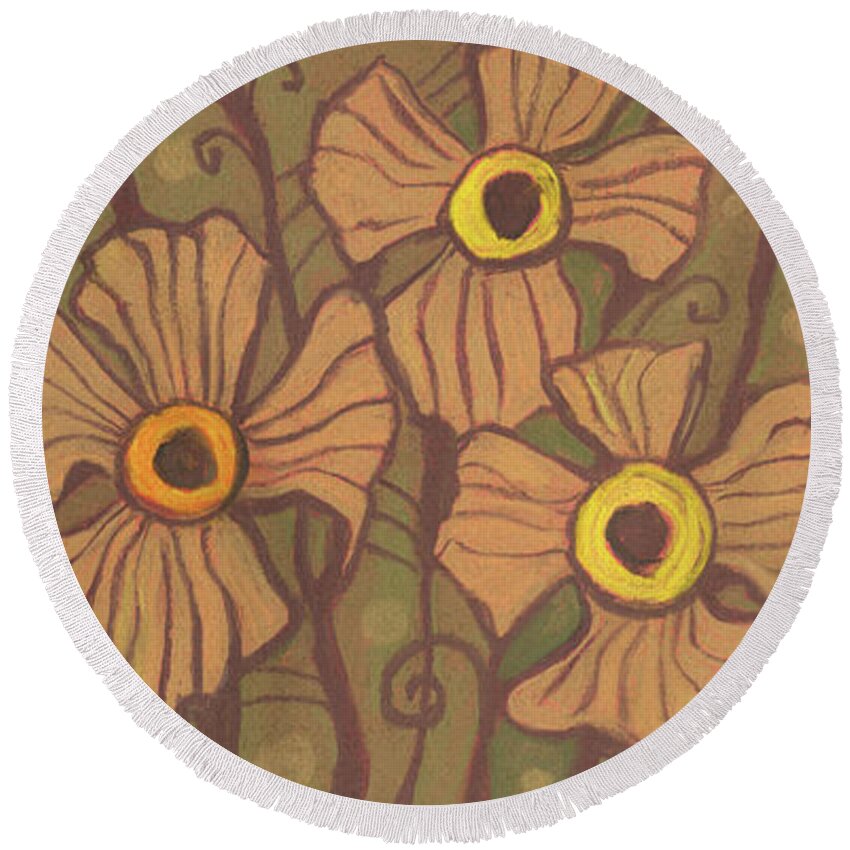 Flower Round Beach Towel featuring the pastel Yellow-eyed flowers by Julia Khoroshikh