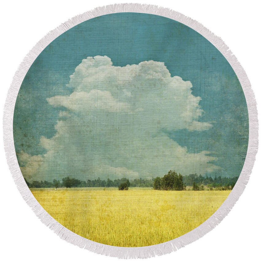 Abstract Round Beach Towel featuring the photograph Yellow field on old grunge paper by Setsiri Silapasuwanchai