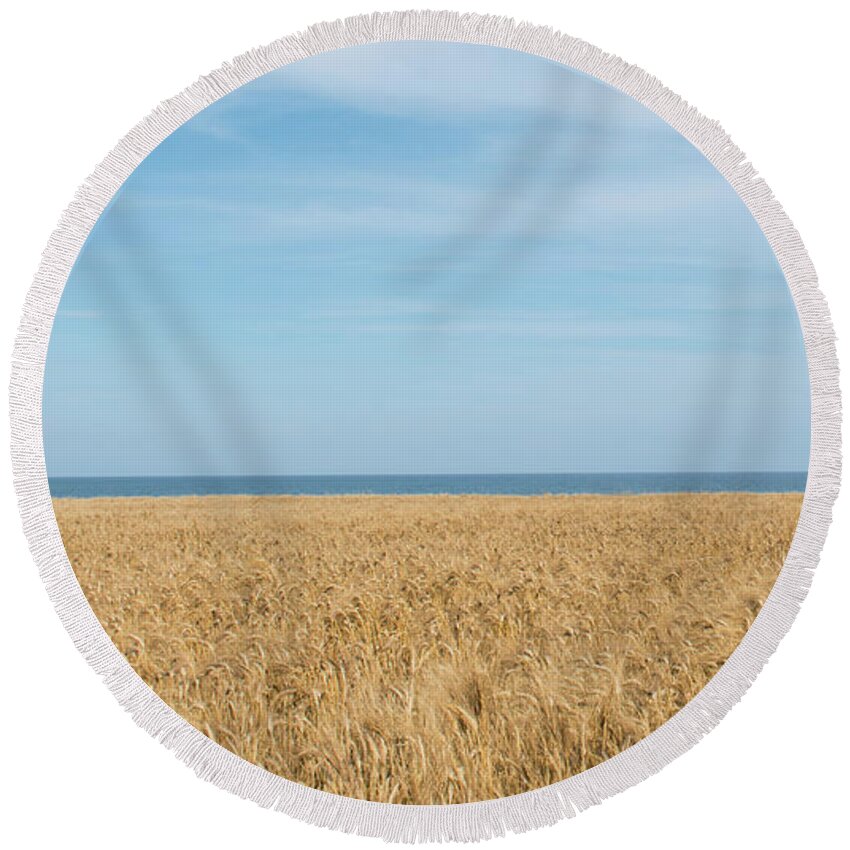 Background Round Beach Towel featuring the photograph Yellow field, sea and blue sky by Michalakis Ppalis