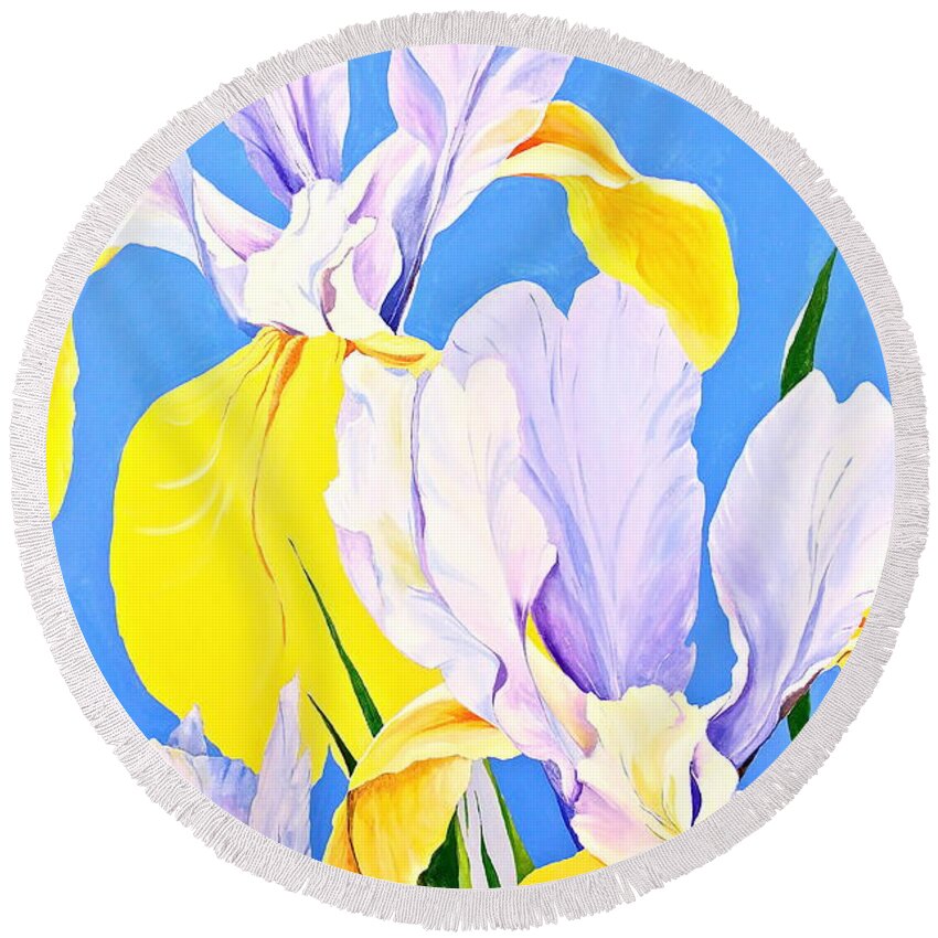 Acrylic Painting Round Beach Towel featuring the painting Yellow Irises-Posthumously presented paintings of Sachi Spohn by Cliff Spohn