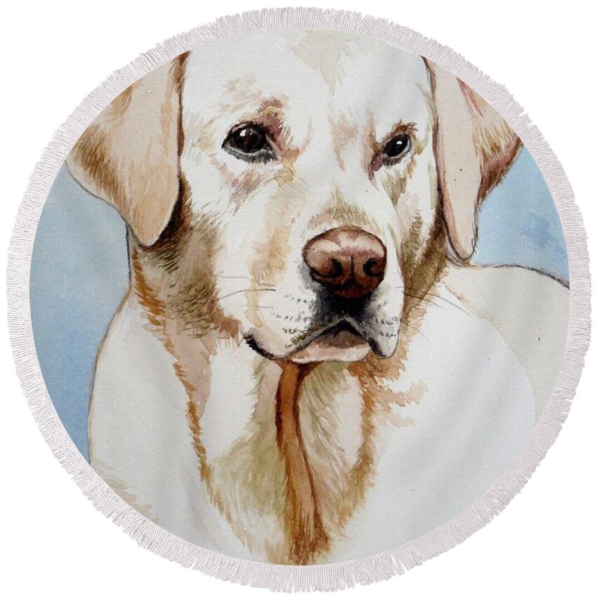 Lab Round Beach Towel featuring the painting Yellow Lab by Christopher Shellhammer