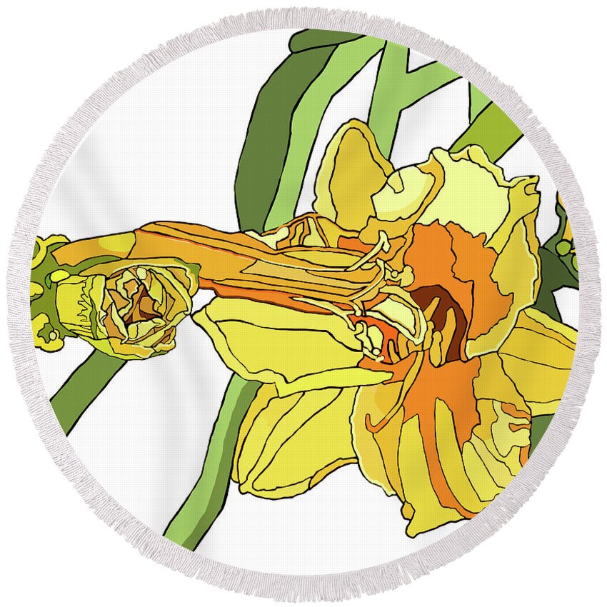 Lily Round Beach Towel featuring the painting Yellow Lily and Bud, Graphic by Jamie Downs