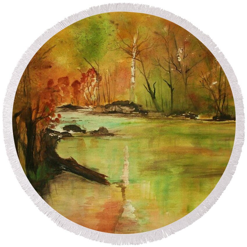 Landscape Paintings. Nature Round Beach Towel featuring the painting Yellow Medicine river by Julie Lueders 