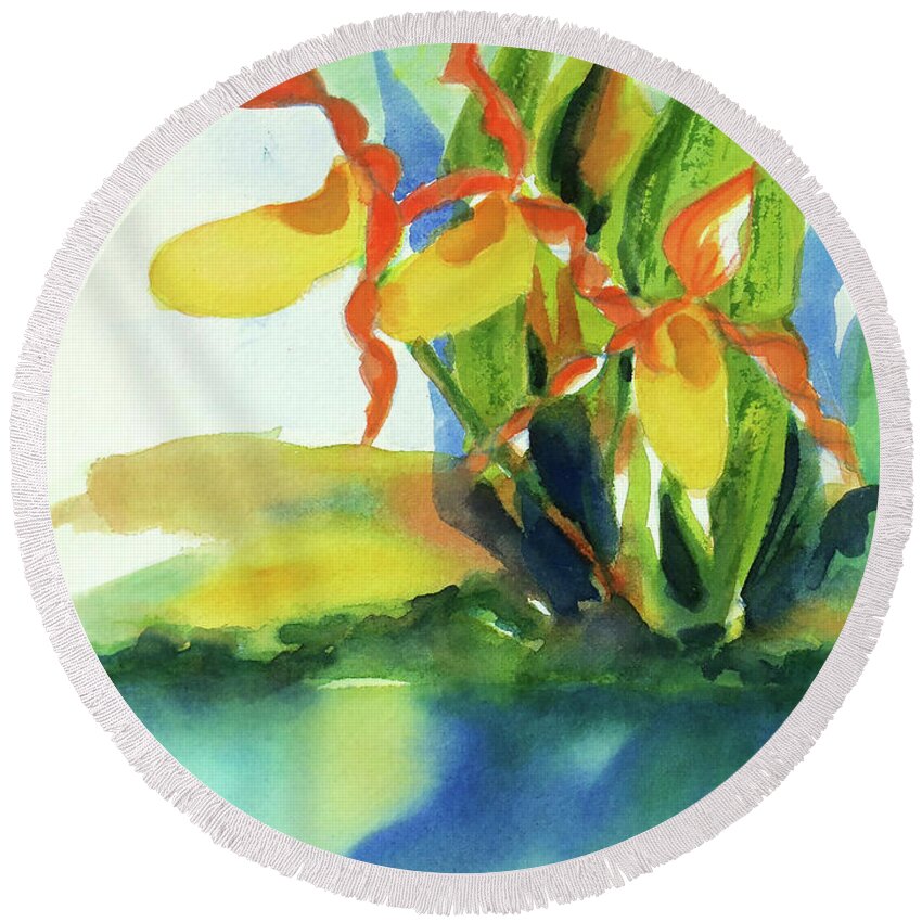 Paintings Round Beach Towel featuring the painting Yellow Moccasin Flowers by Kathy Braud