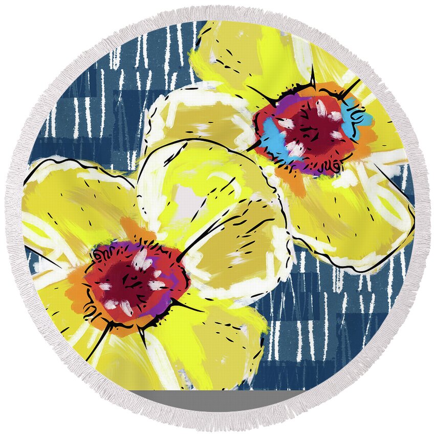 Poppies Round Beach Towel featuring the mixed media Yellow Poppies 2- Art by Linda Woods by Linda Woods