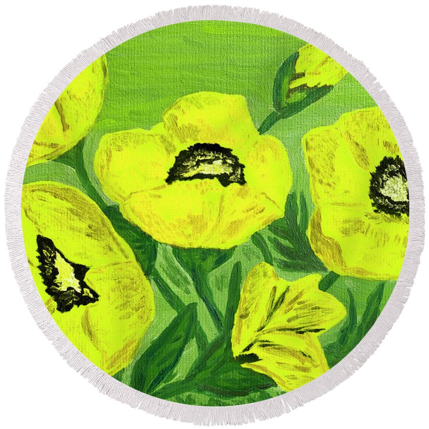Art Round Beach Towel featuring the painting Yellow poppies, oil painting by Irina Afonskaya