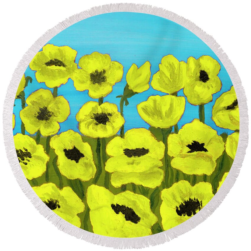Poppy Round Beach Towel featuring the painting Yellow poppies, painting by Irina Afonskaya