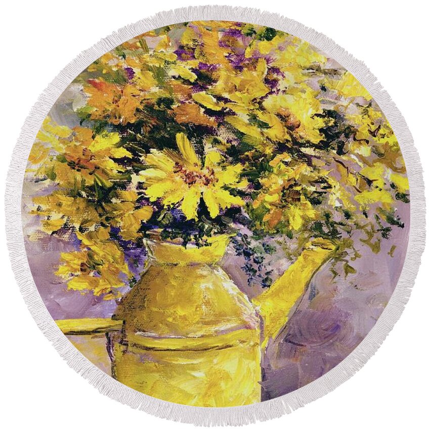 Yellow Pot Round Beach Towel featuring the painting Yellow Pot of Sunshine by Virginia Potter
