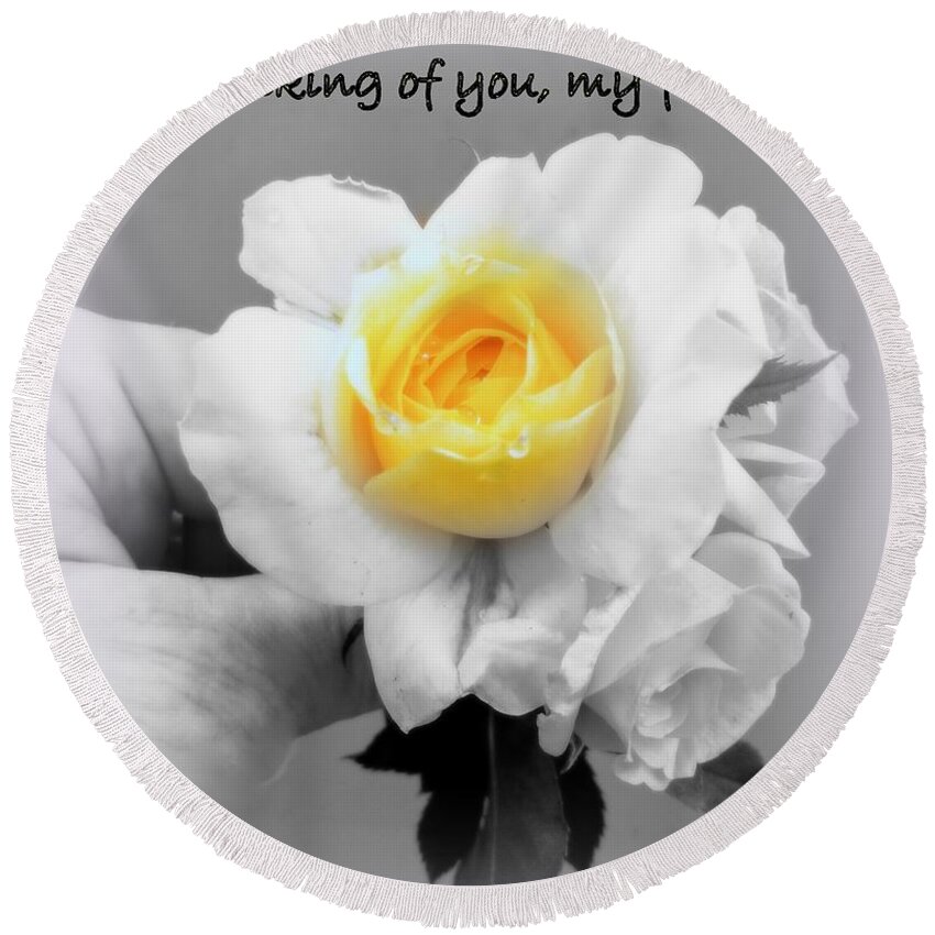 Yellow Rose Greeting Card Round Beach Towel featuring the photograph Yellow Rose Greeting Card by Kathy Barney