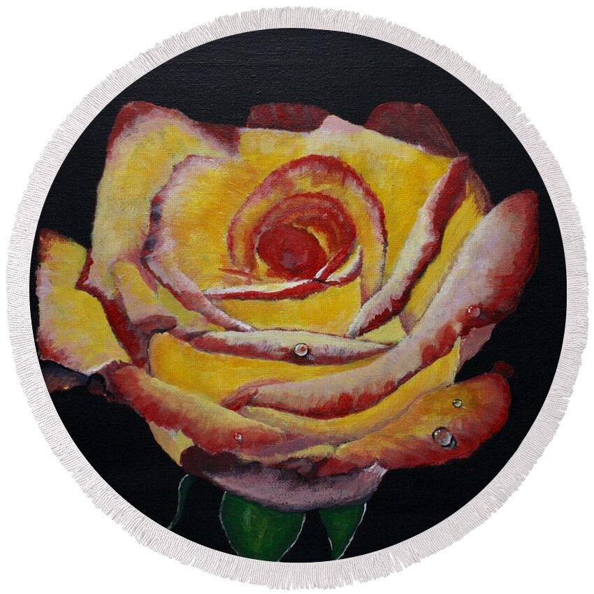 Yellow Rose Round Beach Towel featuring the painting Yellow Rose by Terry Frederick