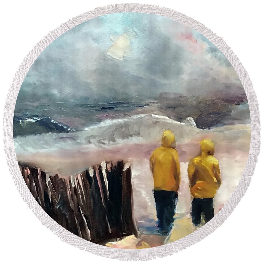  Round Beach Towel featuring the painting Yellow Slickers by Josef Kelly