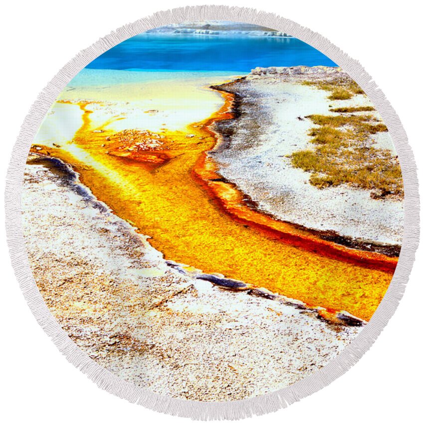Yellowstone Round Beach Towel featuring the photograph Yellow Steam From A Bright Blue Pool by Adam Jewell