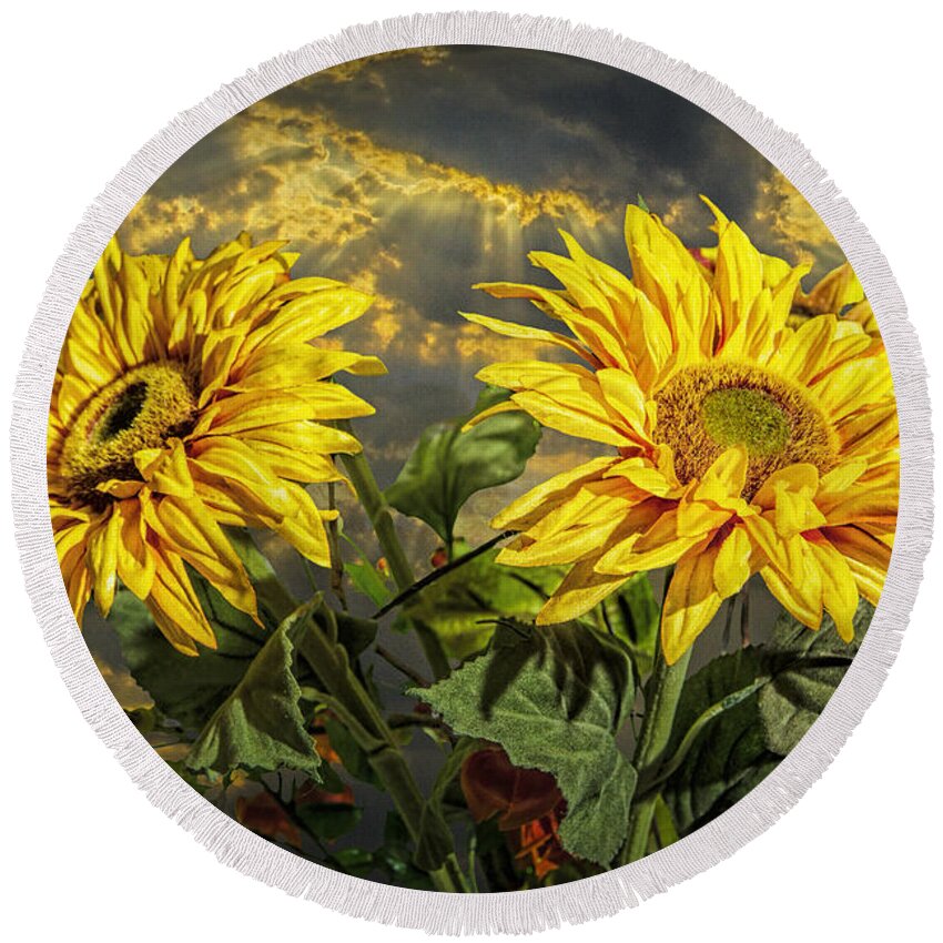 Art Round Beach Towel featuring the photograph Yellow Sunflowers with Sunbeams by Randall Nyhof