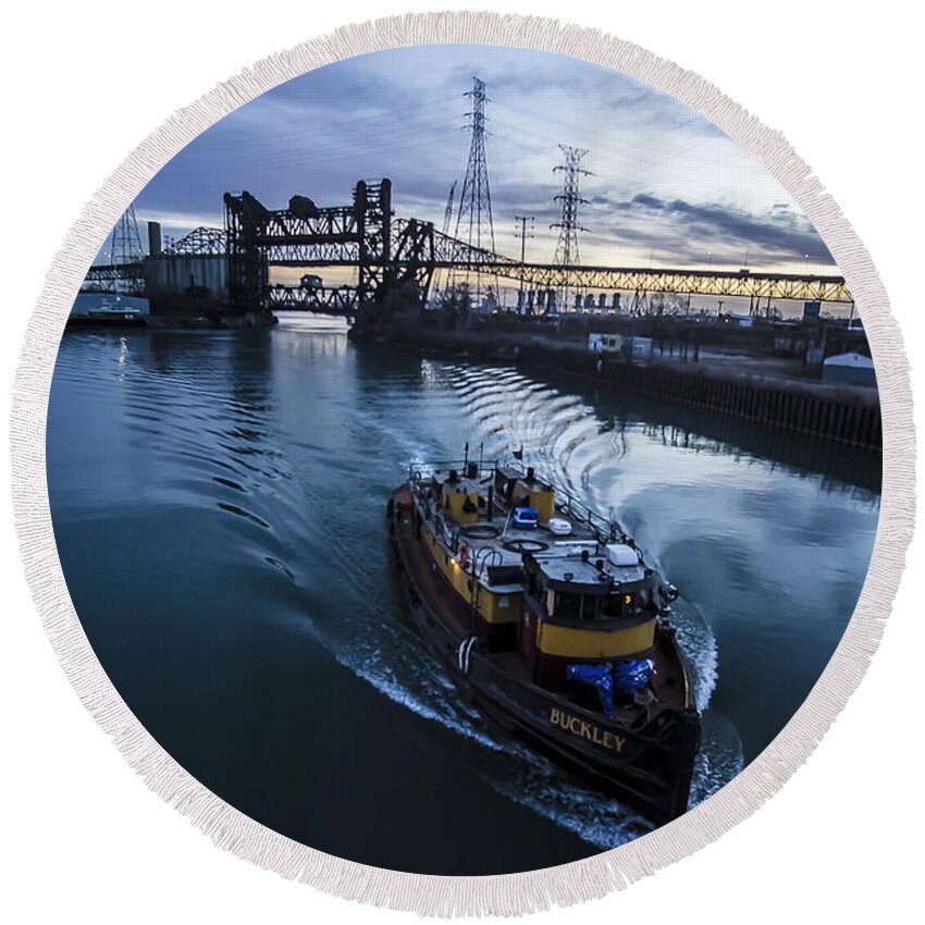 Tug Boat Round Beach Towel featuring the photograph Yellow Tug Boat Approaching by Sven Brogren