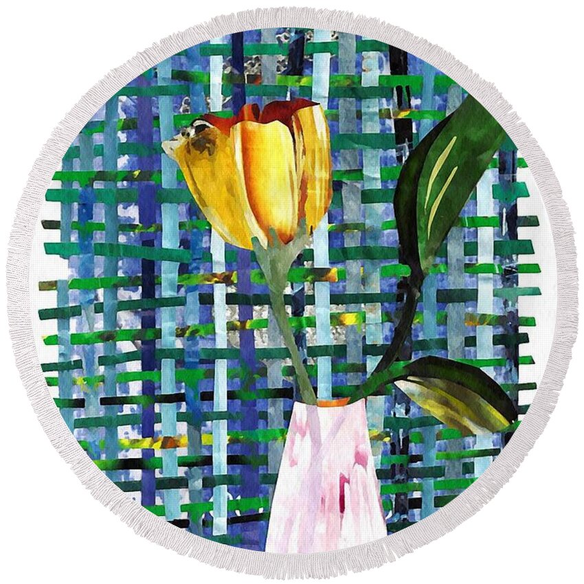 Tulip Round Beach Towel featuring the mixed media Yellow Tulip in a Pink Vase by Sarah Loft