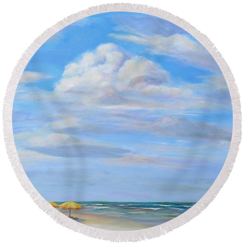 Skies Round Beach Towel featuring the painting Yellow Umbrellas by Gretchen Ten Eyck Hunt