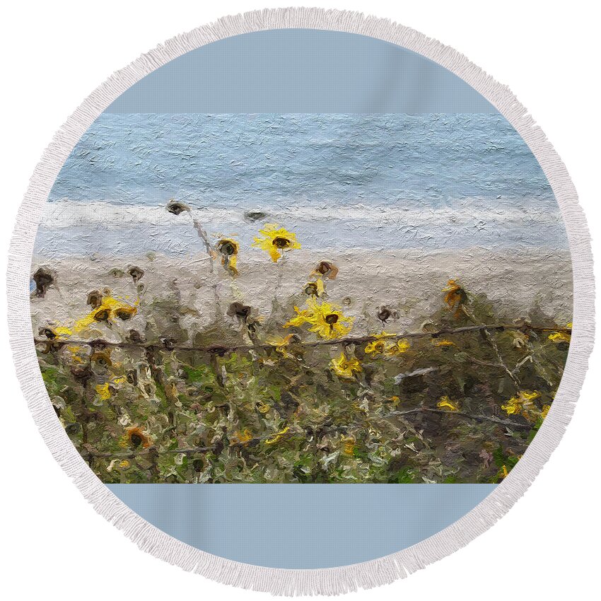 Yellow Round Beach Towel featuring the painting Yellow Wildflowers- Art by Linda Woods by Linda Woods