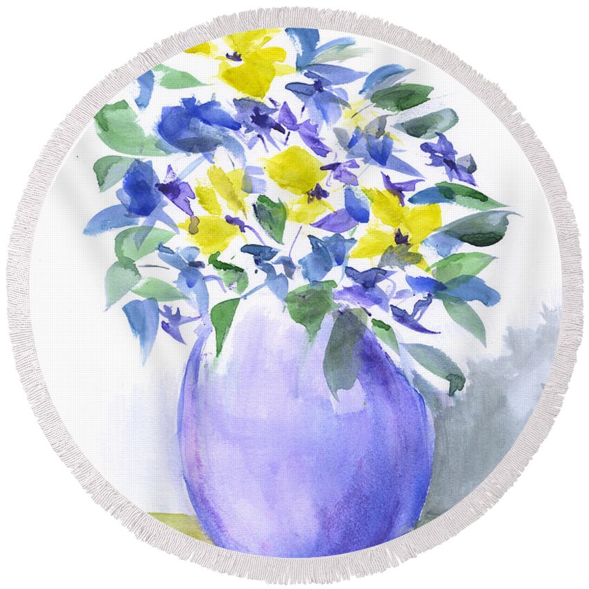 Yellows And Violets Round Beach Towel featuring the painting Yellows and Violets Palette Knife Watercolor Painting by Frank Bright