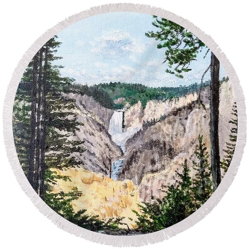 Wyoming Round Beach Towel featuring the painting Yellowstone Falls by Kevin Daly