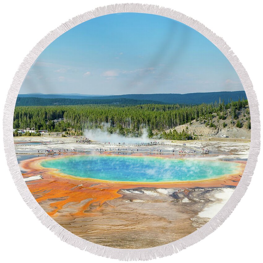 Grand Prismatic Spring Round Beach Towel featuring the photograph Yellowstone Grand Prismatic Spring by Andy Myatt