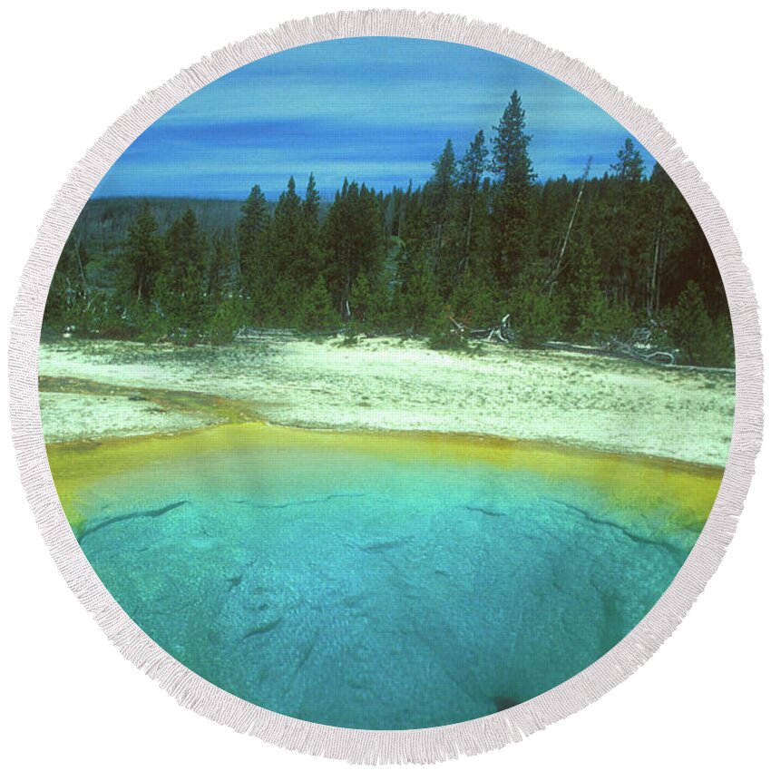 Yellowstone National Park Round Beach Towel featuring the photograph Yellowstone Morning Glory Pool by John Burk