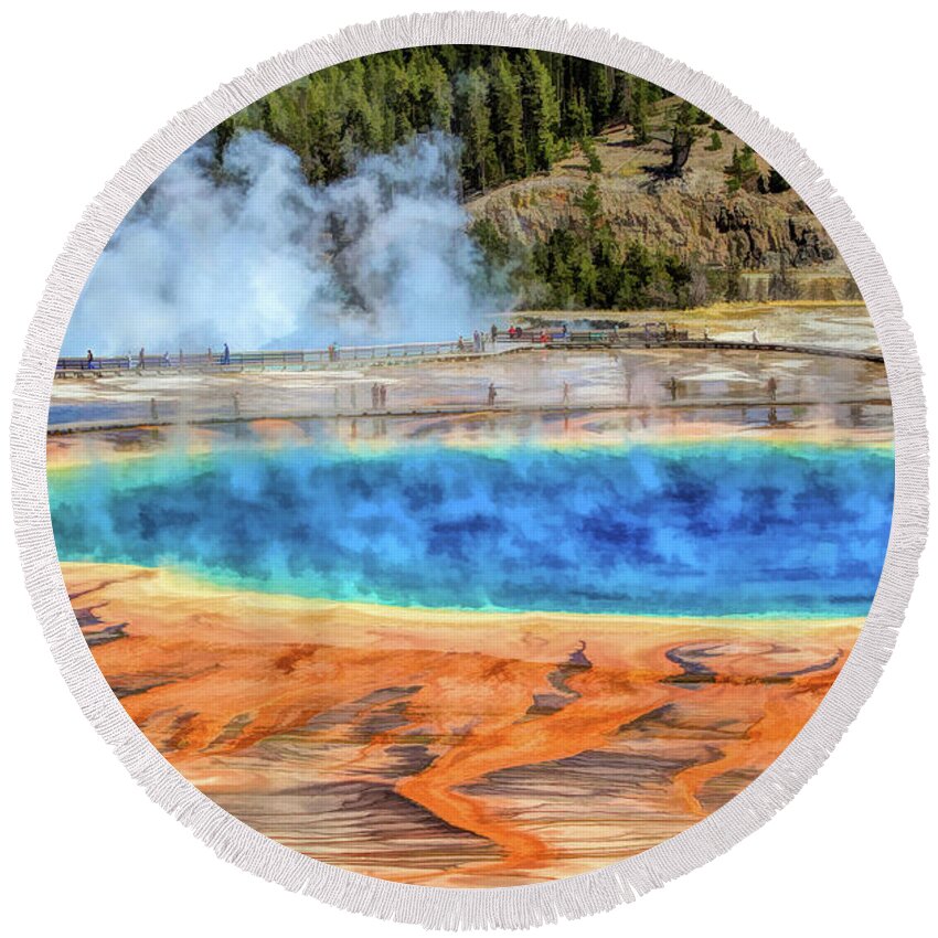 Yellowstone Round Beach Towel featuring the painting Yellowstone National Park Grand Prismatic Spring by Christopher Arndt
