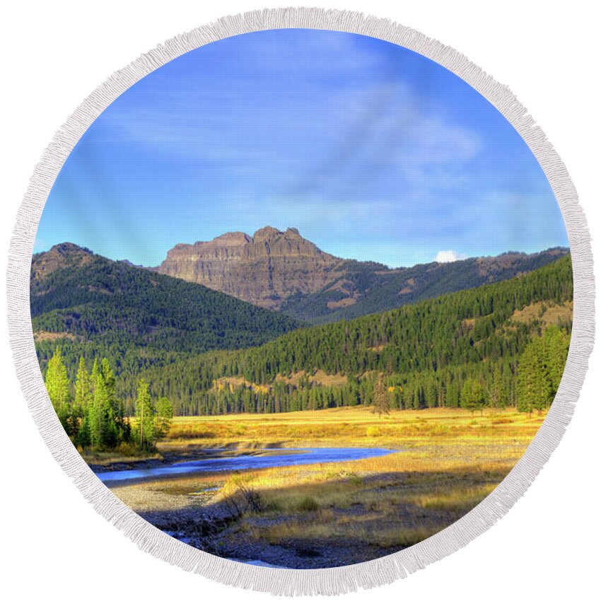 Autumn Round Beach Towel featuring the photograph Yellowstone National Park landscape by Juli Scalzi
