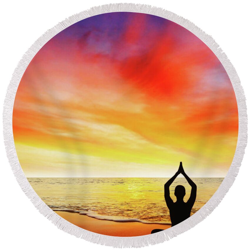 Beach Round Beach Towel featuring the photograph Yoga at sunset by Paulo Goncalves