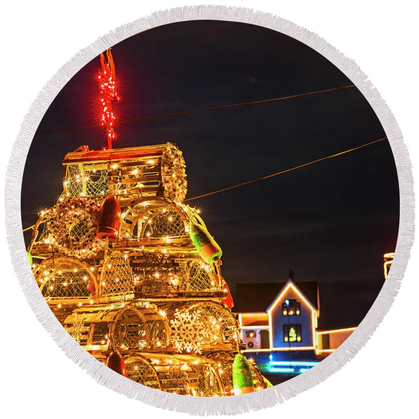 York Round Beach Towel featuring the photograph York ME Nubble Lighthouse Lobster Trap Christmas Tree Cape Neddick by Toby McGuire