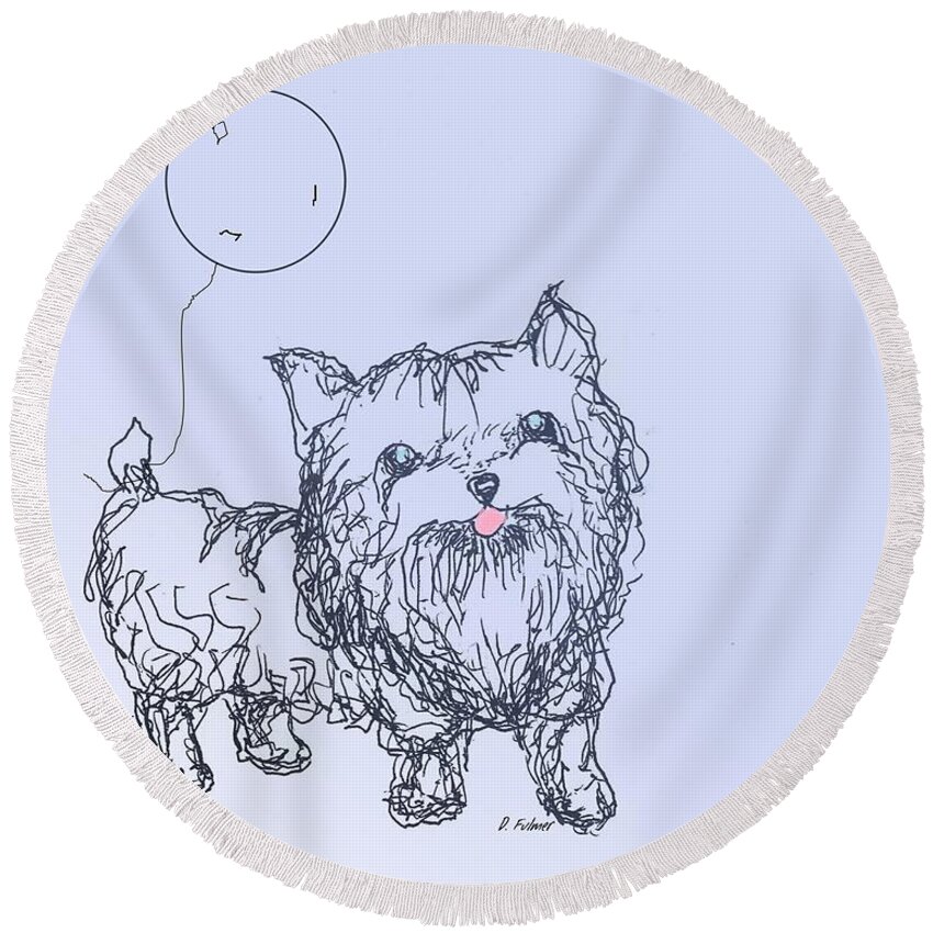 Dog Round Beach Towel featuring the drawing Yorkie by Denise F Fulmer