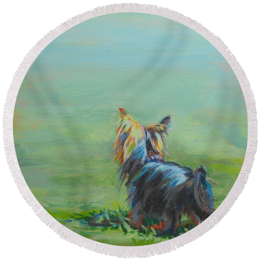 Yorkshire Terrier Round Beach Towel featuring the painting Yorkie in the Grass by Kimberly Santini