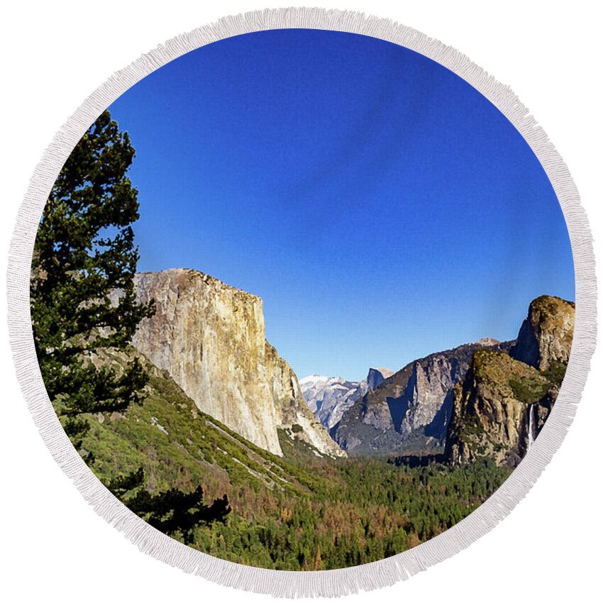 California Round Beach Towel featuring the photograph Yosemite Bridal Fall and Half Dome with Dry Brush Effect by Roslyn Wilkins