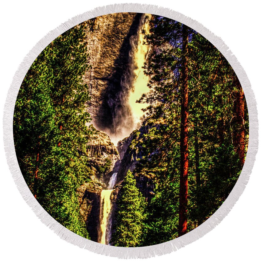 California Round Beach Towel featuring the photograph Yosemite Falls Framed by Ponderosa Pines by Roger Passman