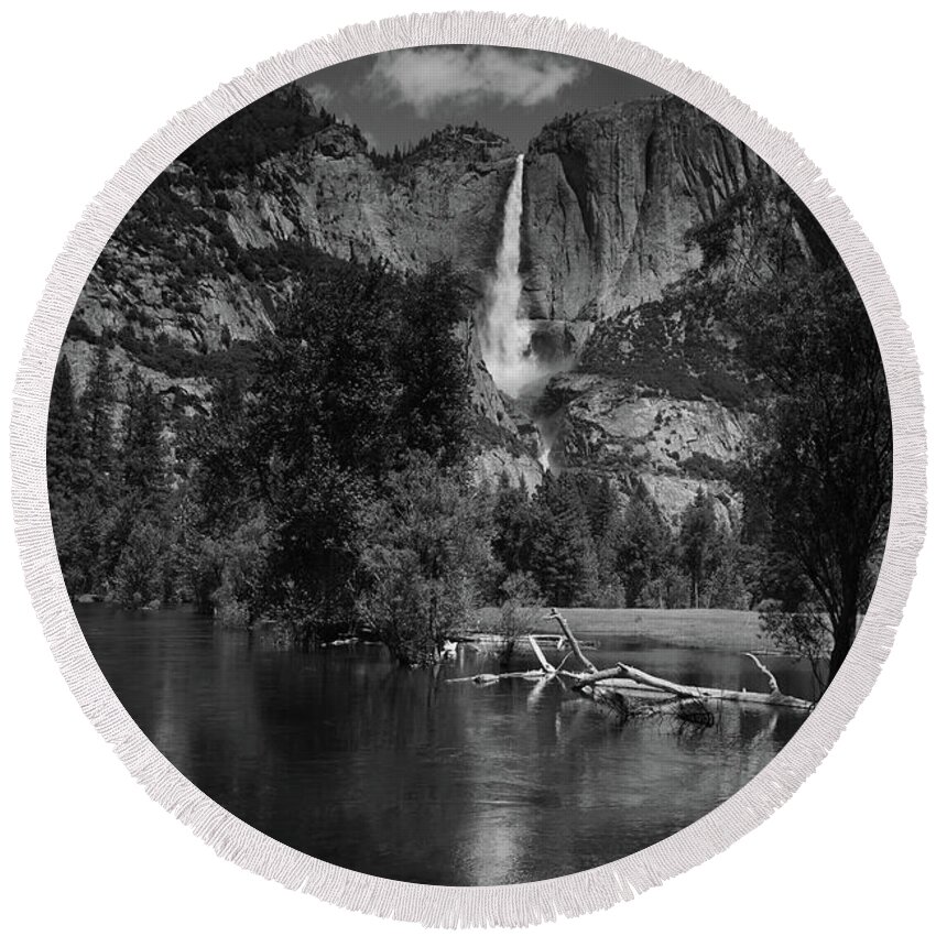 Yosemite Falls From Swinging Bridge Round Beach Towel featuring the photograph Yosemite Falls from Swinging Bridge in Black and White by Raymond Salani III