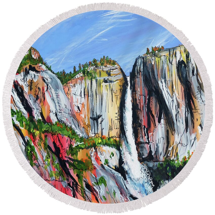  Landscapes Round Beach Towel featuring the painting Yosemite Falls by Laura Hol