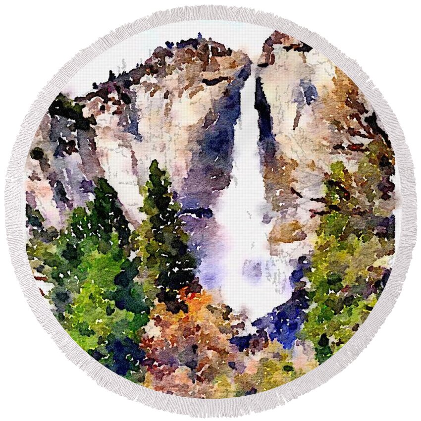 Waterlogue Round Beach Towel featuring the painting Yosemite Falls by Sandra Lee Scott