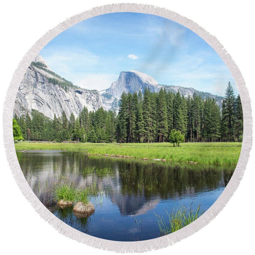 Half Dome Round Beach Towel featuring the photograph Yosemite Half Dome Reflection by Aileen Savage