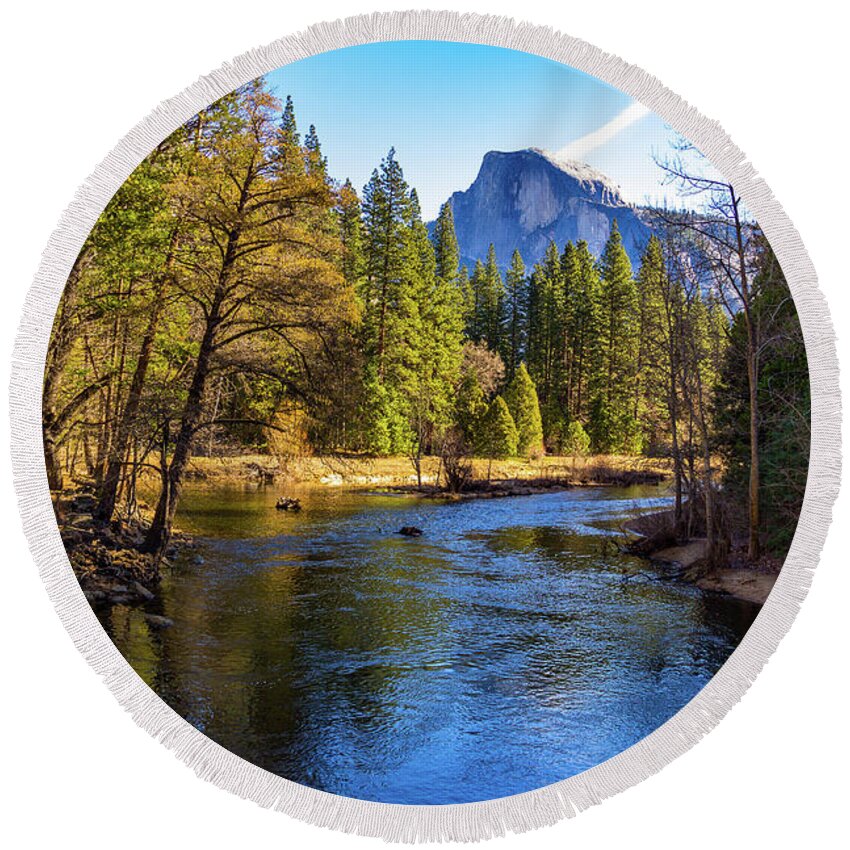 California Round Beach Towel featuring the photograph Yosemite Merced River with Half Dome by Roslyn Wilkins