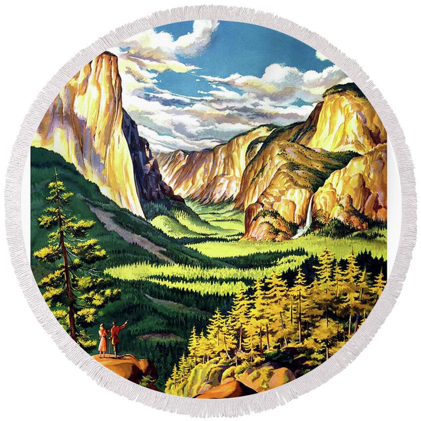 Yosemite Round Beach Towel featuring the painting Yosemite, National park, vintage travel poster by Long Shot