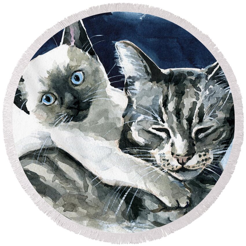 Cat Round Beach Towel featuring the painting You Are Mine - Cat Painting by Dora Hathazi Mendes