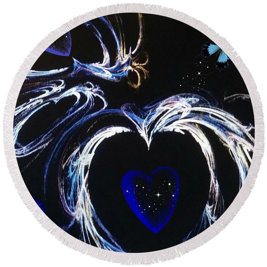 Blue Round Beach Towel featuring the mixed media You Gave My Heart Wings by Diamante Lavendar