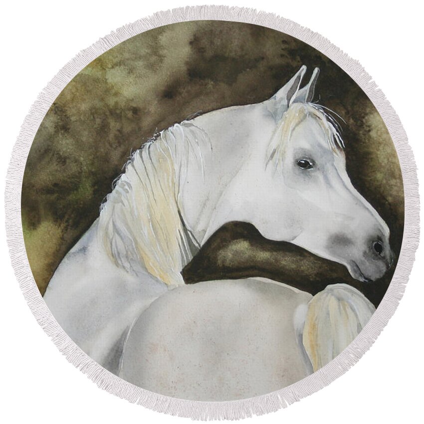 Horse Round Beach Towel featuring the painting You Talking To Me by Jean Blackmer
