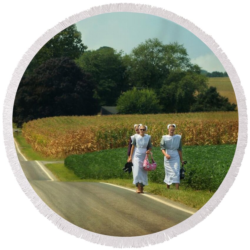 Amish Round Beach Towel featuring the photograph Young Amish Woman Barefoot Stroll by Beth Ferris Sale
