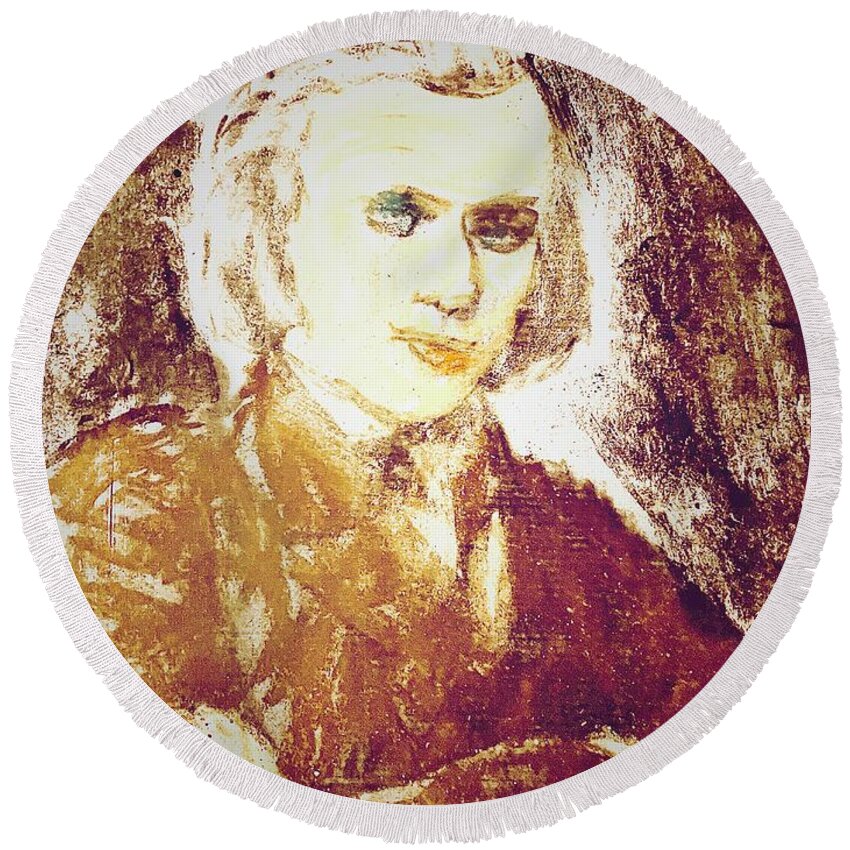 Brahms Round Beach Towel featuring the drawing Young Brahms 2b by Bencasso Barnesquiat