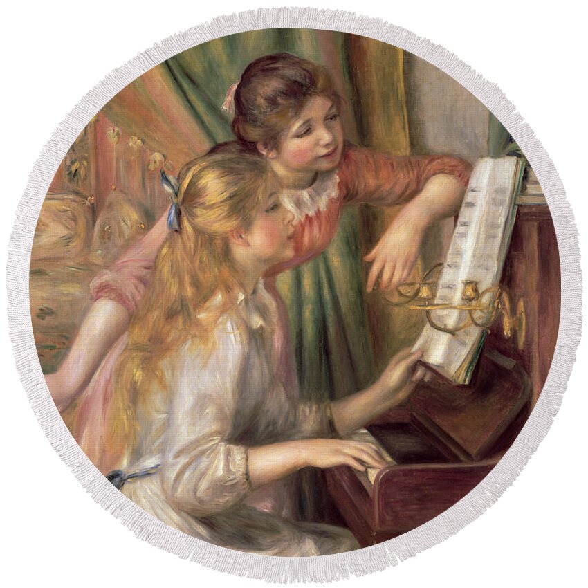 Young Round Beach Towel featuring the painting Young Girls at the Piano by Pierre Auguste Renoir