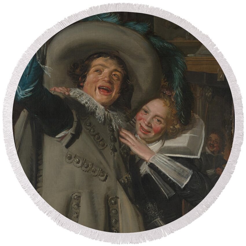 Young Man And Woman In An Inn Round Beach Towel featuring the painting Young Man and Woman in an Inn by MotionAge Designs