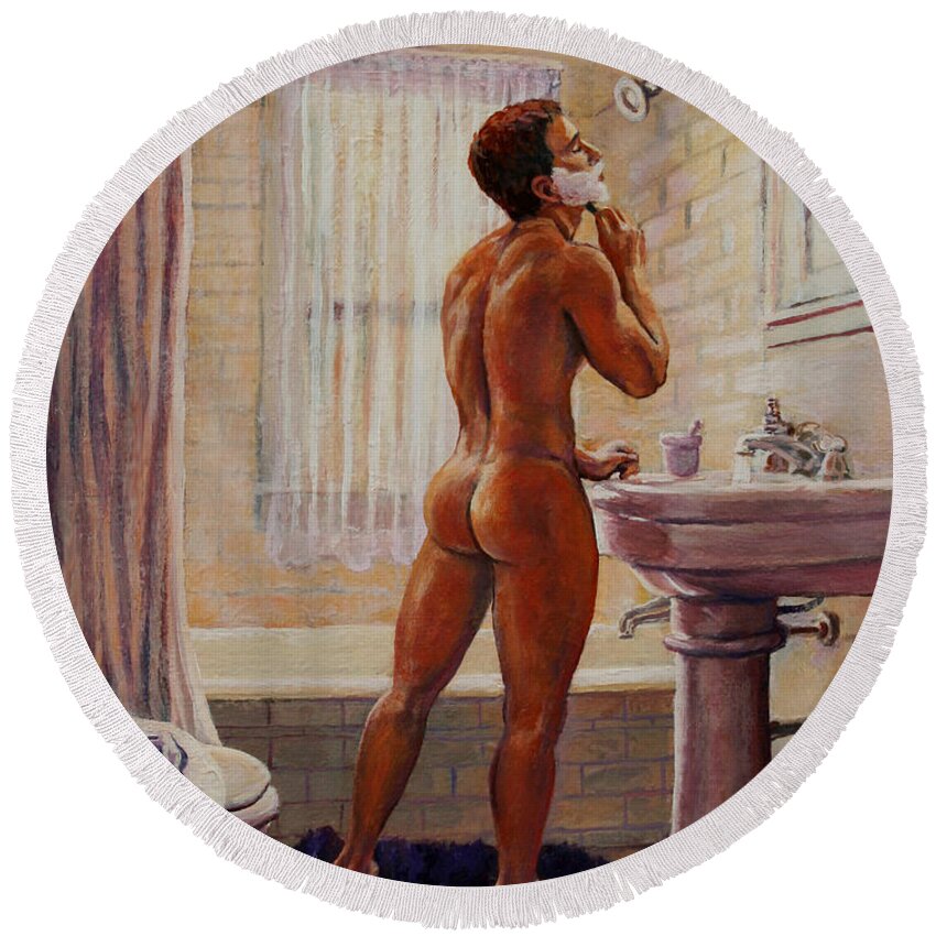Bathroom Round Beach Towel featuring the painting Young Man Shaving by Marc DeBauch