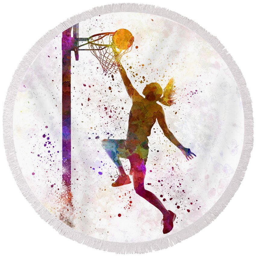 Young Woman Player In Watercolor Round Beach Towel featuring the painting Young woman basketball player 04 in watercolor by Pablo Romero